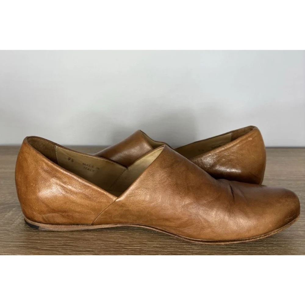 I.N.K. Shoes Made in Italy Cognac Leather Loafers Slip On Flats Burnished Sz 9.5